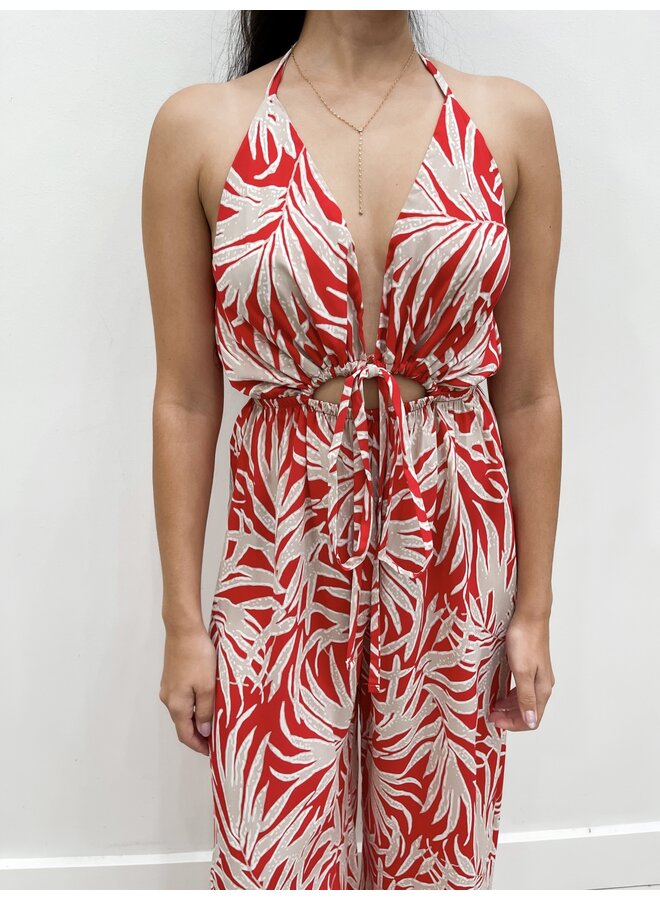 JP-8225 PALM TIE FRONT HALTER JUMPSUIT