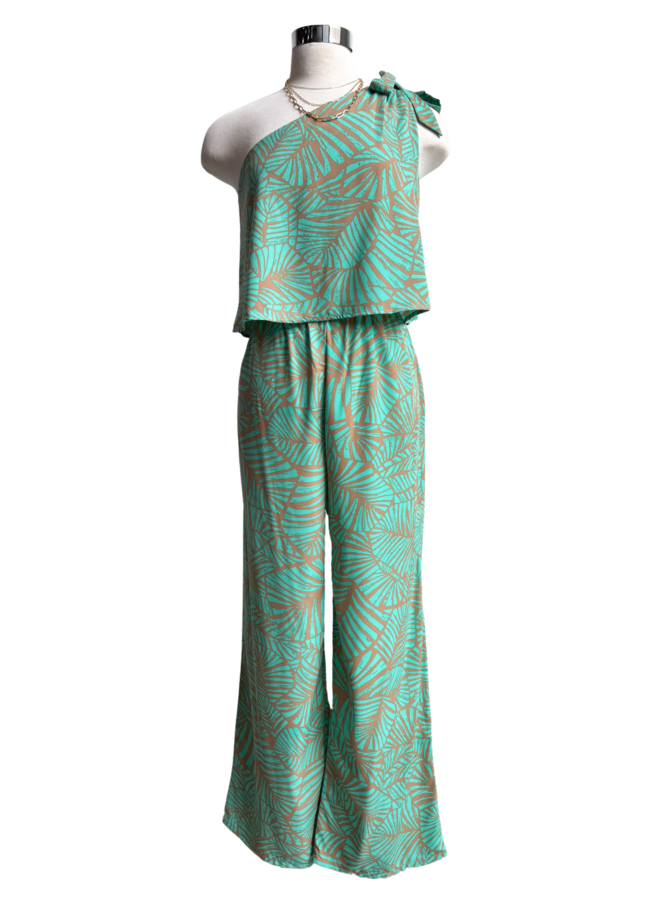 JP-8231 LEAF ONE SHOULDER TIE JUMPSUIT