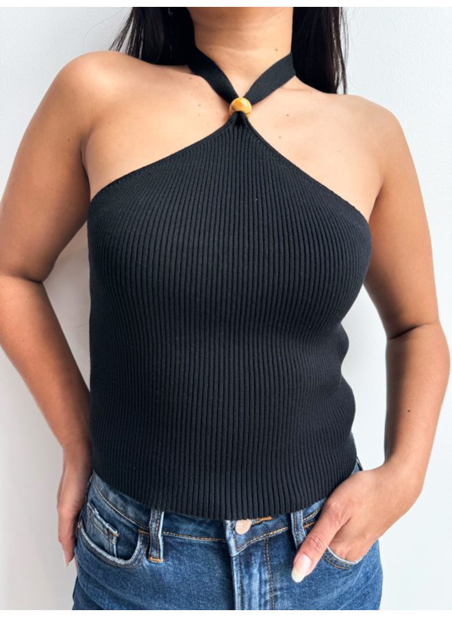 HT1456 RIBBED WOODEN BEAD HALTER TOP