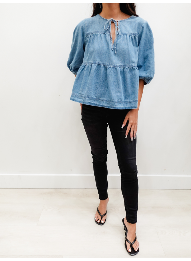 DS0754 TIERED FRONT NECK DENIM TOP