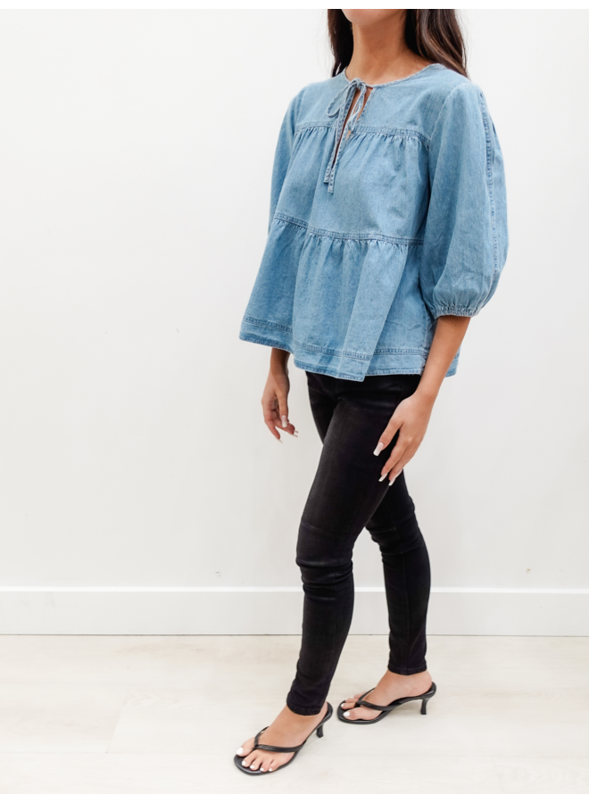 DS0754 TIERED FRONT NECK DENIM TOP