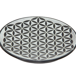 Soapstone Round Incense Holder Flower of Life Blk