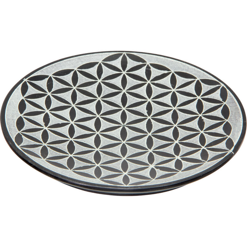 Soapstone Round Incense Holder Flower of Life Blk