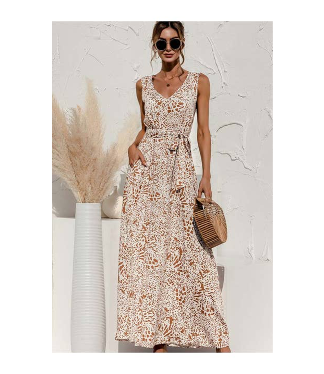 #wearfnf Leopard Print Sleeveless Maxi Dress - BEIGE