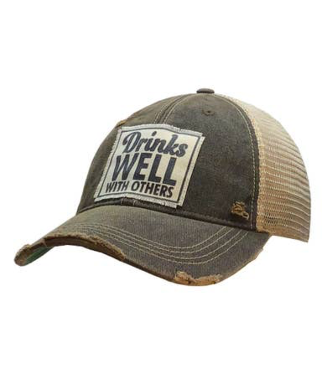 Vintage Life Drinks Well With Others Distressed Trucker Cap - BLACK