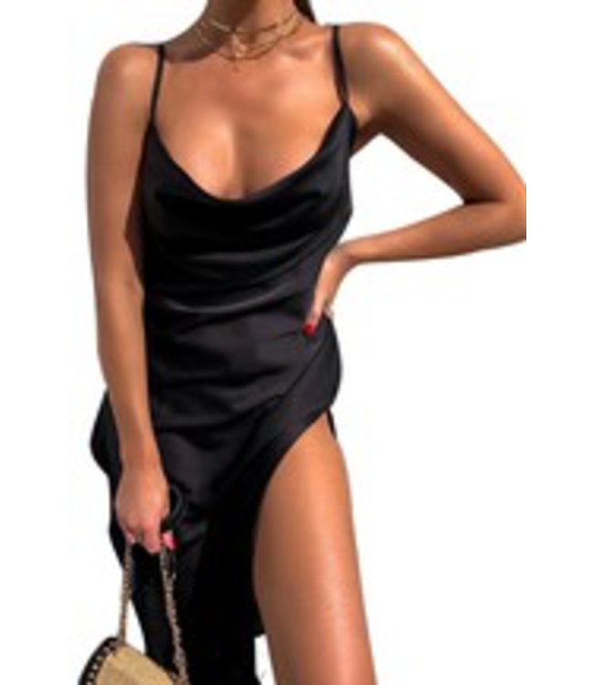#wearfnf Spaghetti Strap Split Satin Dress - BLACK