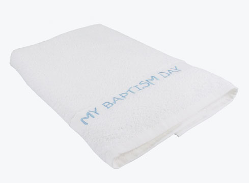 Ringmasters Baptism Towel - White with Blue Embroidery