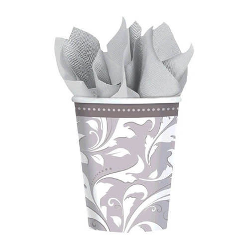 Silver Elegant Scroll - Cups, 9oz (Clearance)