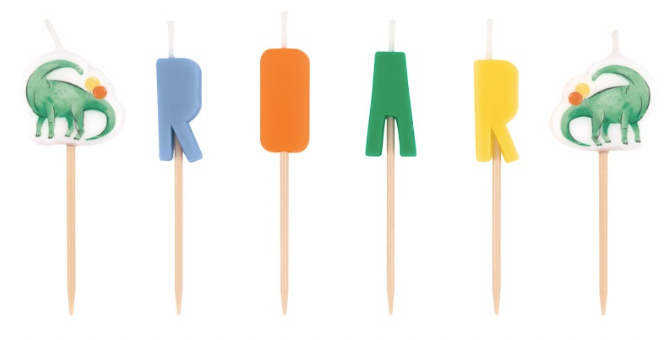 Unique Partying Dinosaurs "ROAR" Pick Birthday Candles 6ct