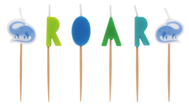 Unique Blue & Green "Roar" Dinosaur Pick Birthday Candles 6ct