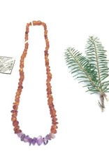 Canyon Leaf Raw Baltic Amber Adult Necklace with Raw Amethyst Gems