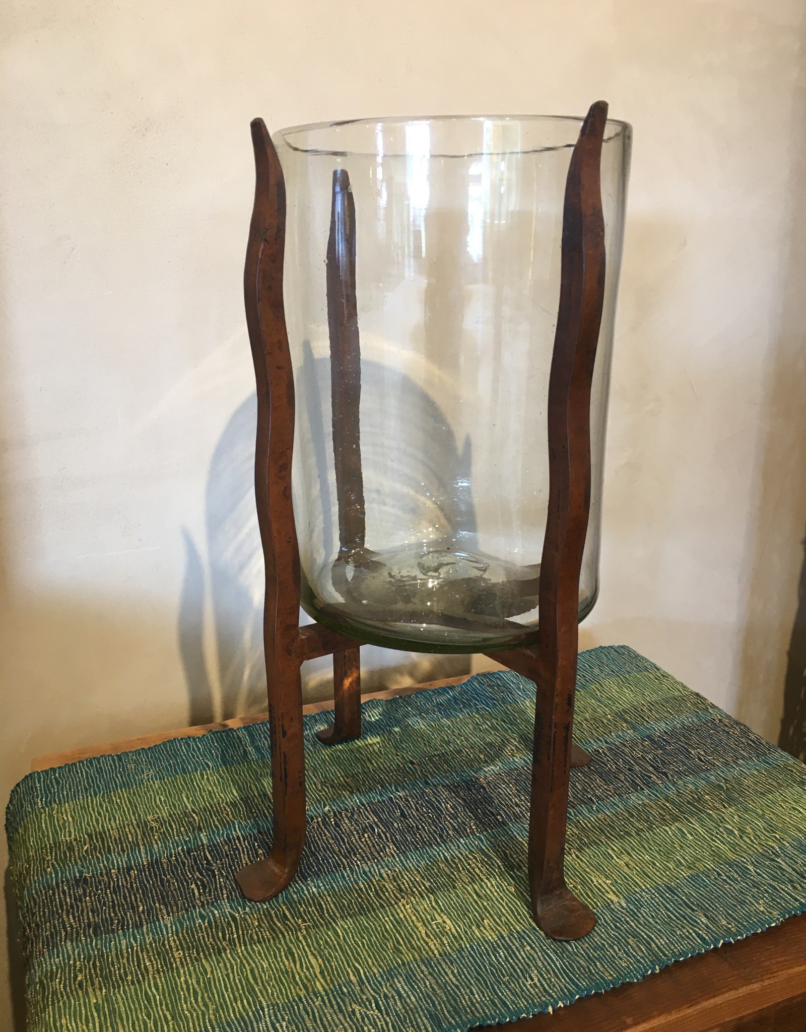 Artisan's Gallery Hand Forged Iron Torre Base with Recycled Glass Hurricane Vase