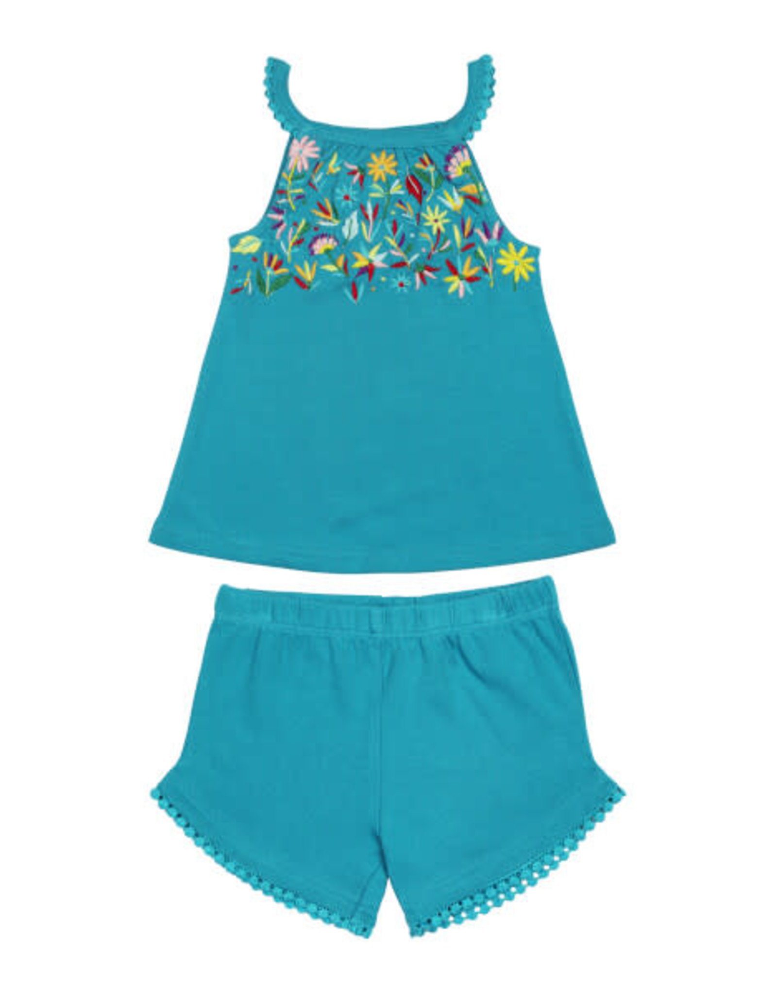 L'oved Baby Kids' Embroidered Tank & Tap Short Set Teal Floral