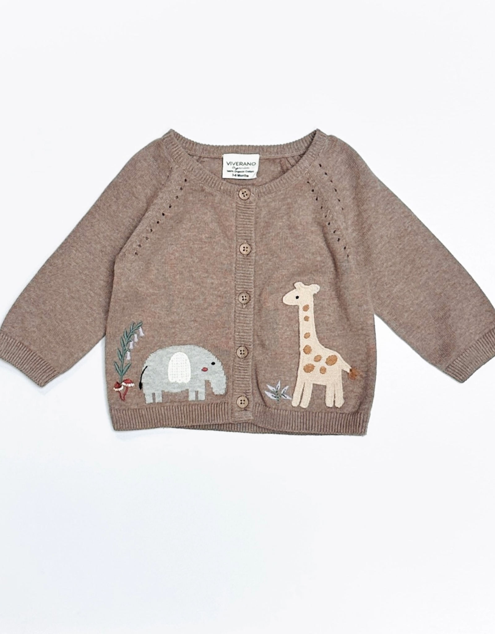 Viverano Elephant Giraffe Pointelle Cardigan Sweater - Cafe Latte