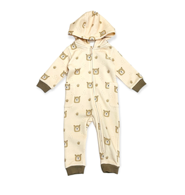 Viverano Bear Hooded Zipper Fleece Jumpsuit - Almond