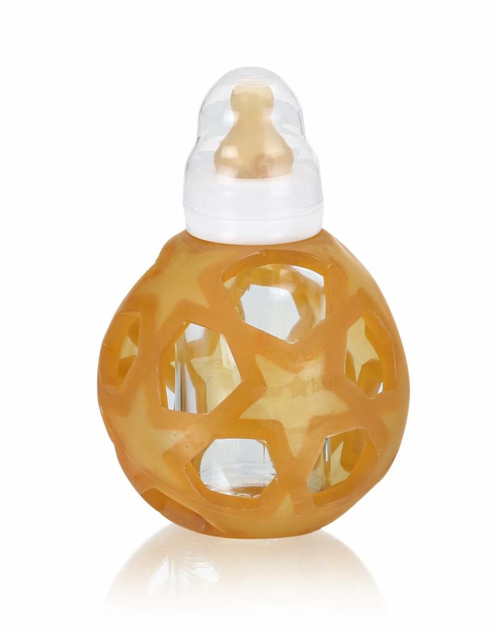 Eco-Friendly BPA-Free & FDA approved Blue HEVEA Upcycled 2in1 Baby Glass Bottle with Star Ball Cover made from 100% Upcycled Natural Rubber Plant Based Plastic-Free 