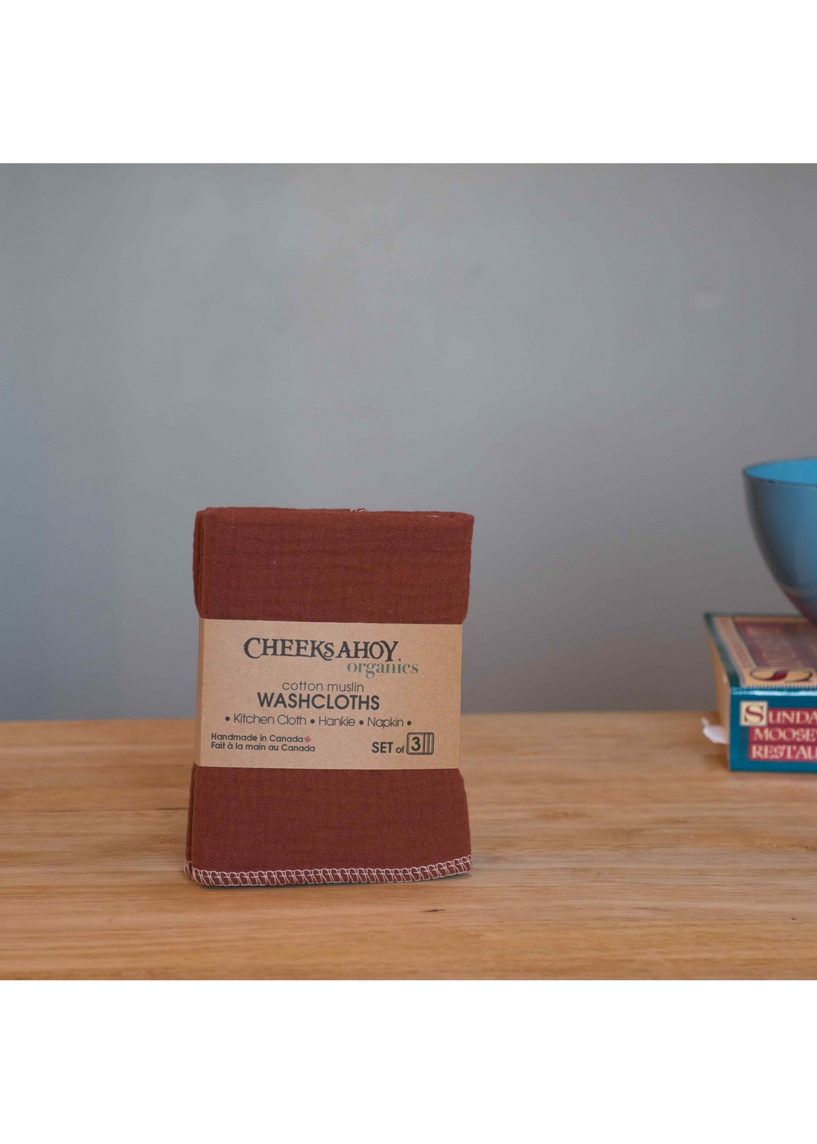 Cheeks Ahoy Organic Cotton Muslin Washcloth / Kitchen Cloth / Hankie - Nutmeg Set of 3