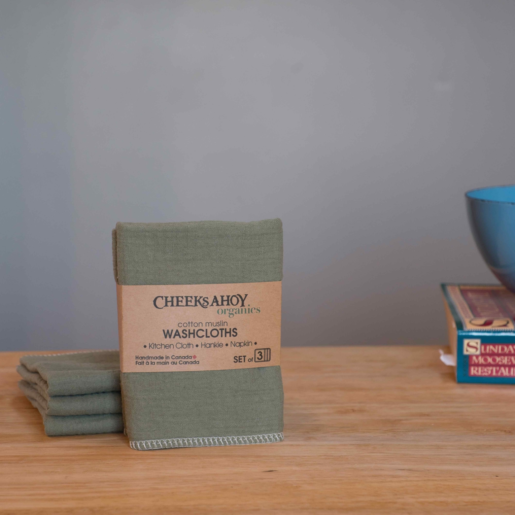 Cheeks Ahoy Organic Cotton Muslin Washcloth / Kitchen Cloth / Hankie - Sage Set of 3