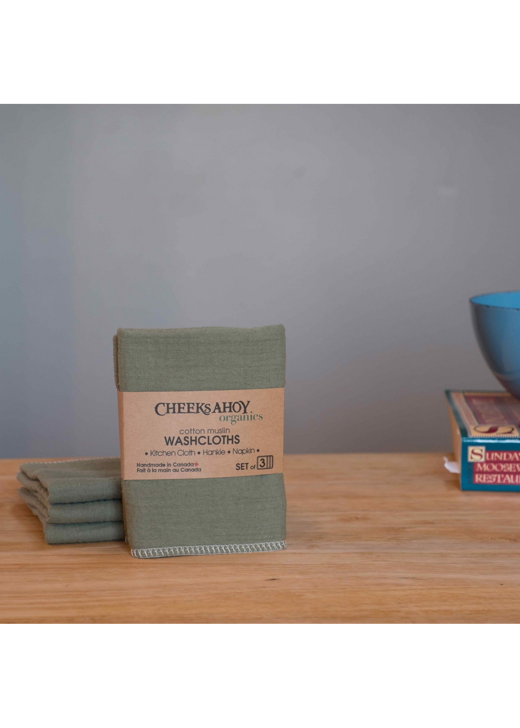 Cheeks Ahoy Organic Cotton Muslin Washcloth / Kitchen Cloth / Hankie - Sage Set of 3