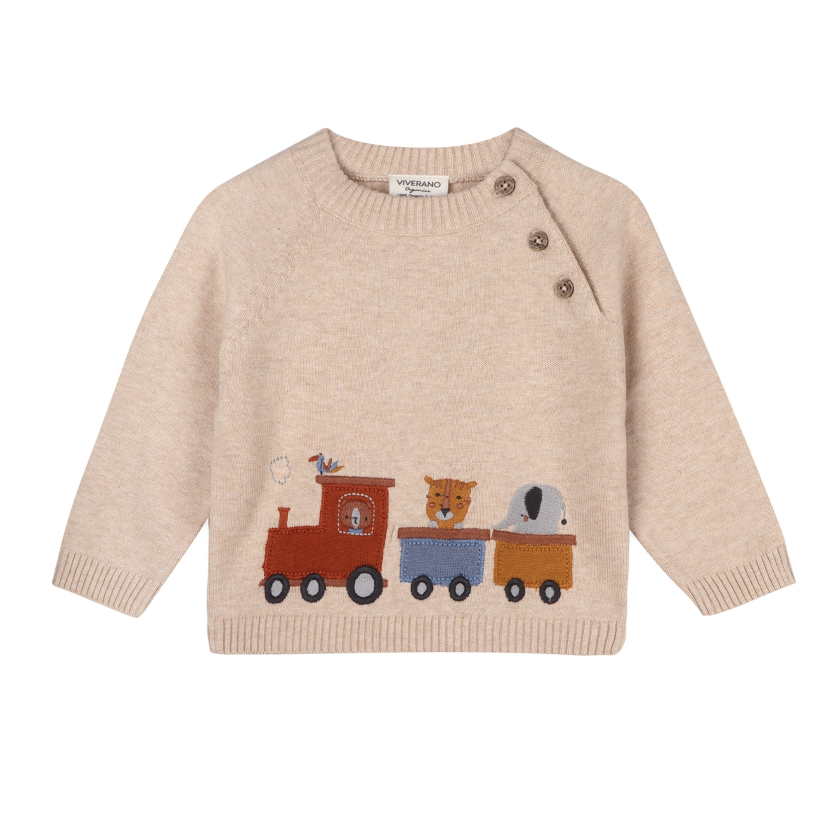 Viverano Animal Train Applique Knit Pullover - Oatmeal