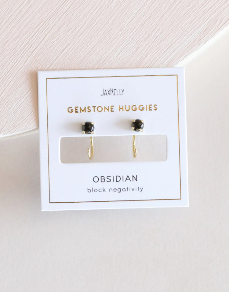 JaxKelly Huggie Earrings, Obsidian - Gold