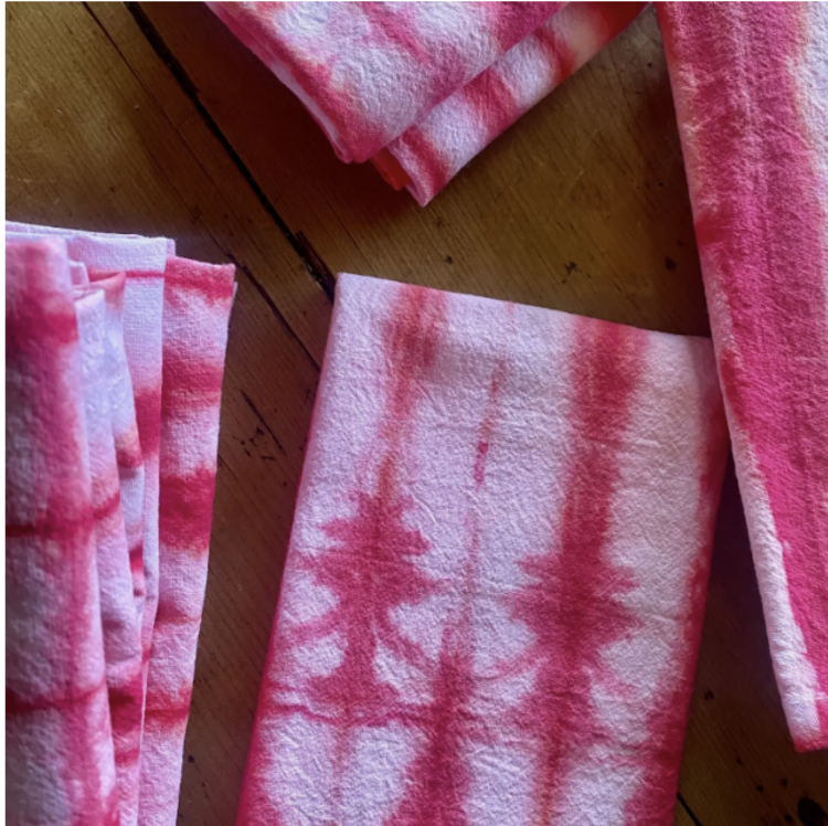 Sea and Green Kitchen Tea Towel - Red White Shibori Hand Dyed