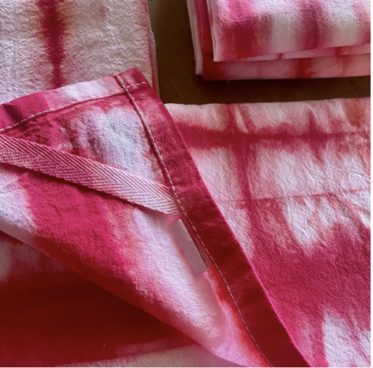 Sea and Green Kitchen Tea Towel - Red White Shibori Hand Dyed