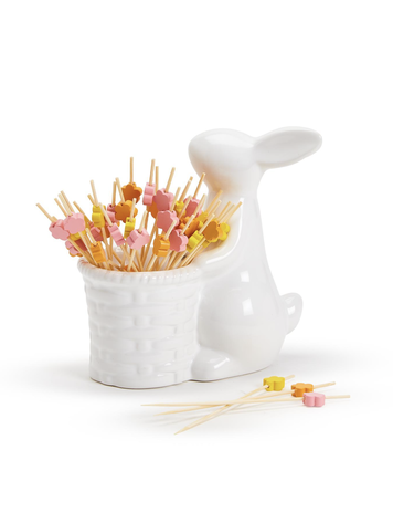 Two's Company Easter Bunny with 20 Multi-Colored Flower Picks - Dolomite/Bamboo