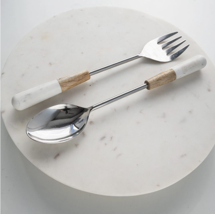 India Handicrafts Inc Elegant Marble & Wood Salad Servers