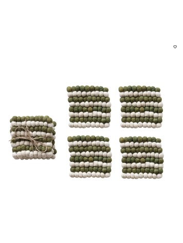 Creative Co-Op Felt Ball Coasters, Cream Color & Green