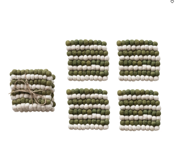 Creative Co-Op Felt Ball Coasters, Cream Color & Green