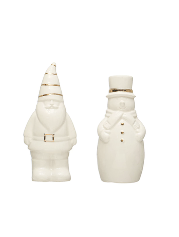 Creative Co-Op Stoneware Santa & Snowman Salt & Pepper Shakers w/ Gold Electroplating, Set of 2