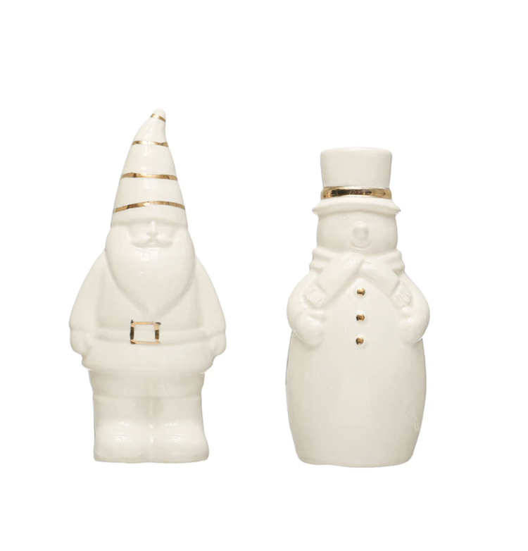 Creative Co-Op Stoneware Santa & Snowman Salt & Pepper Shakers w/ Gold Electroplating, Set of 2