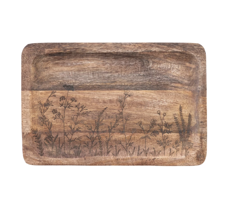Creative Co-Op Mango Wood Tray w/ Laser Etched Botanicals
