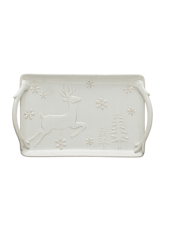 Creative Co-Op Debossed Stoneware Tray w/ Deer