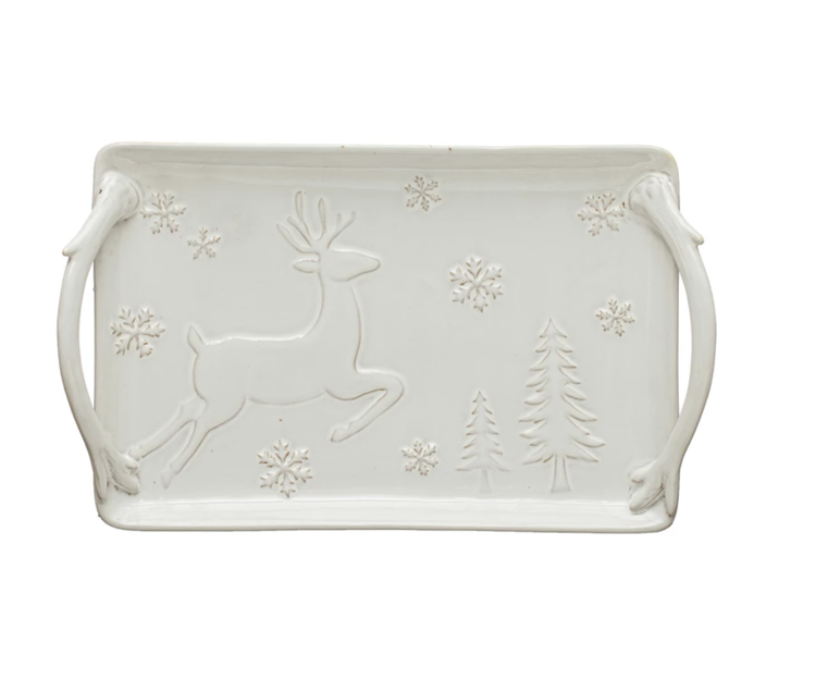 Creative Co-Op Debossed Stoneware Tray w/ Deer