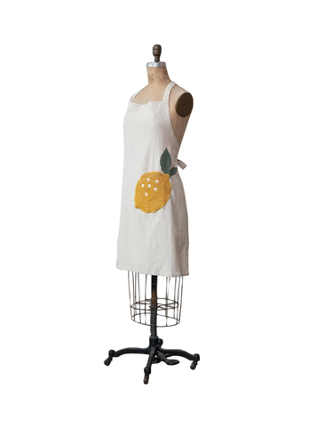 Creative Co-Op Cotton & Linen Apron w/ Embroidery & Crochet Lemon