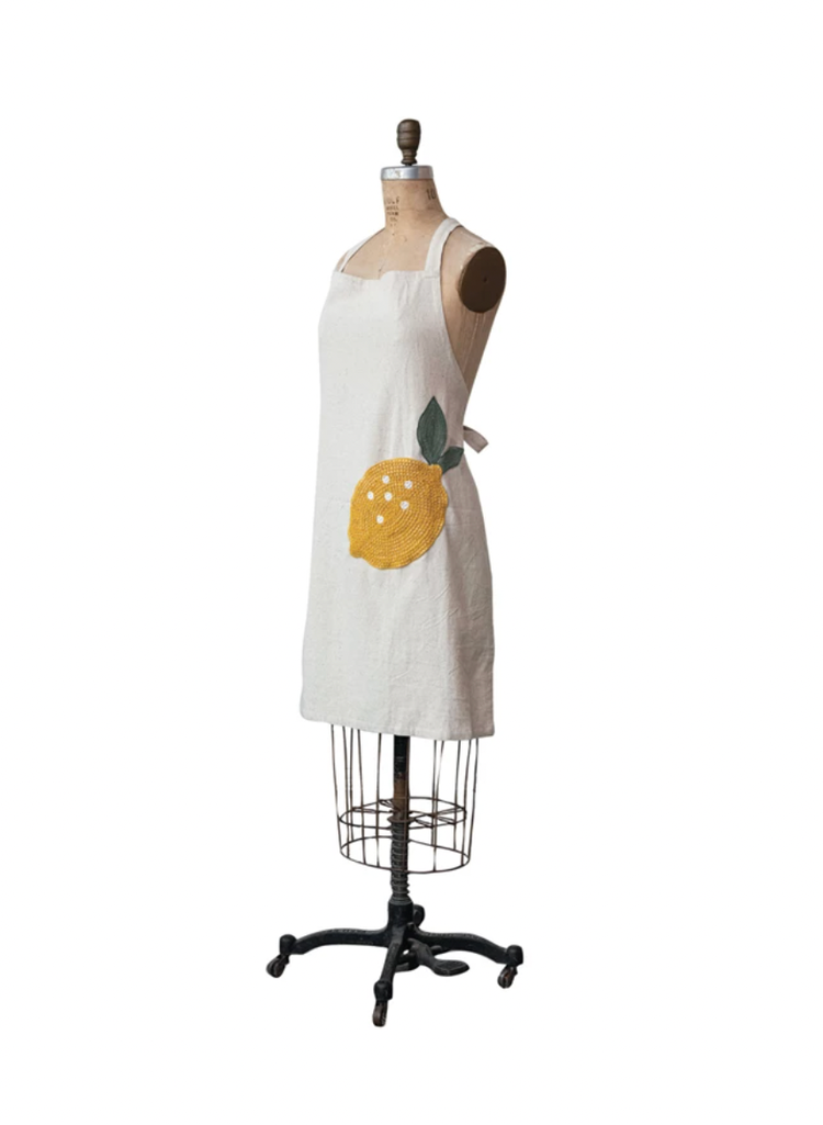 Creative Co-Op Cotton & Linen Apron w/ Embroidery & Crochet Lemon