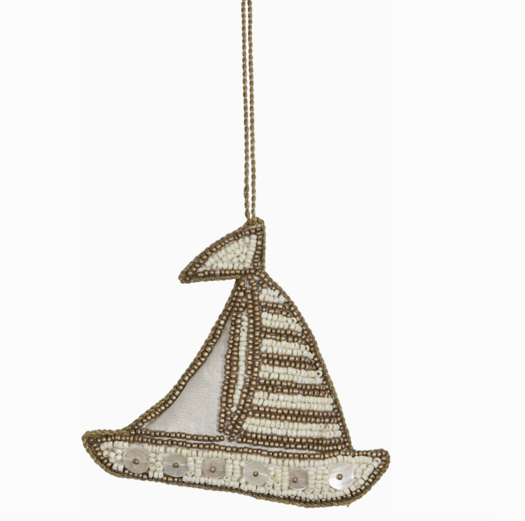 HS Seashells Sailboat Gold Mop & Beaded Ornament