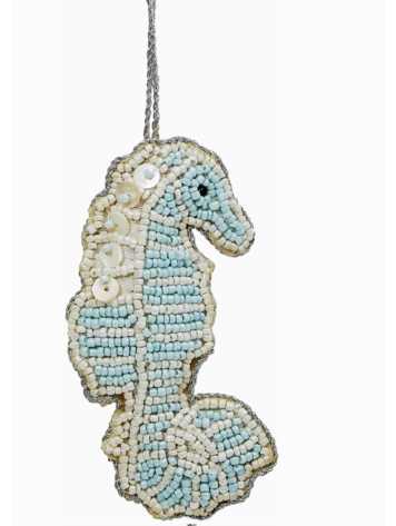 HS Seashells Seahorse Blue & Creme Mop & Beaded Ornament