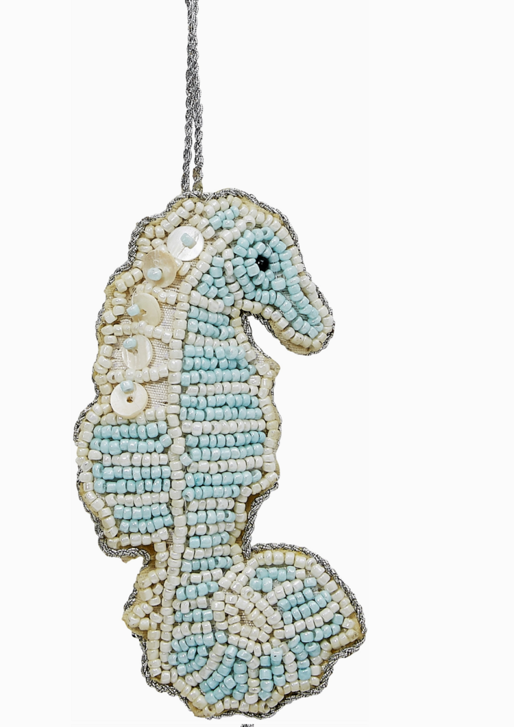 HS Seashells Seahorse Blue & Creme Mop & Beaded Ornament