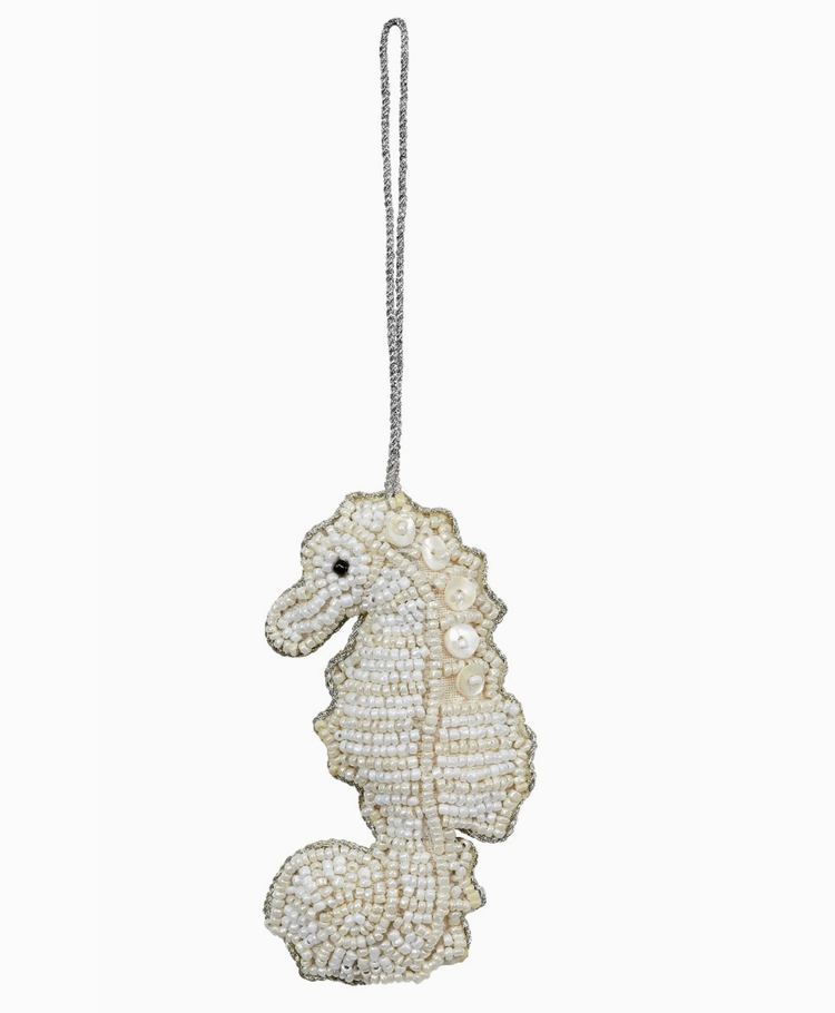 HS Seashells Seahorse White Mop & Beaded Ornament