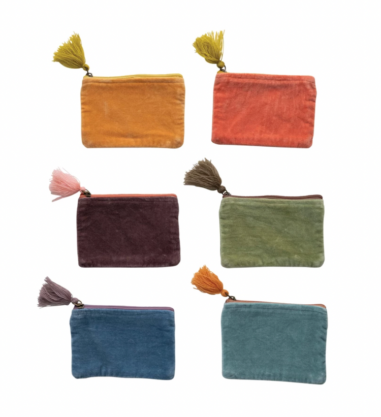 Creative Co-Op Cotton Velvet Zip Pouch w/ Tassel Mini