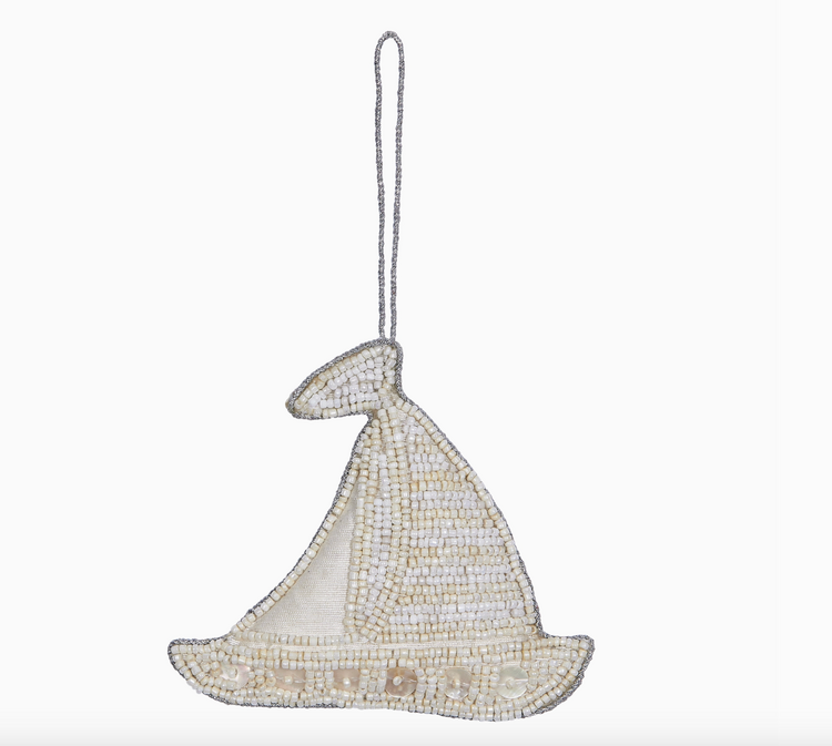 HS Seashells Sailboat White Mop & Beaded Ornament