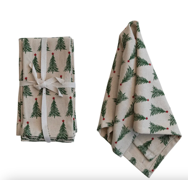 Creative Co-Op Cotton Napkins w/ Christmas Tree Pattern set of 4