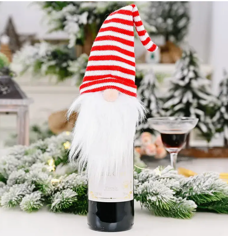 Sweet Cherry Sky Gnome Knitted Hat Wine Cover Topper