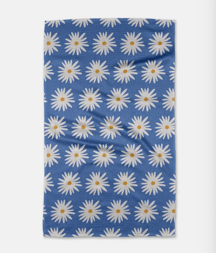 Geometry Blue Daisies Tea Towel