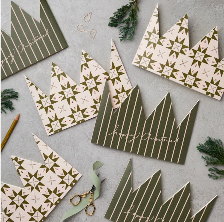Katie Leamon Pack of 6 Green Quilt & Green Happy Christmas Crown Cards