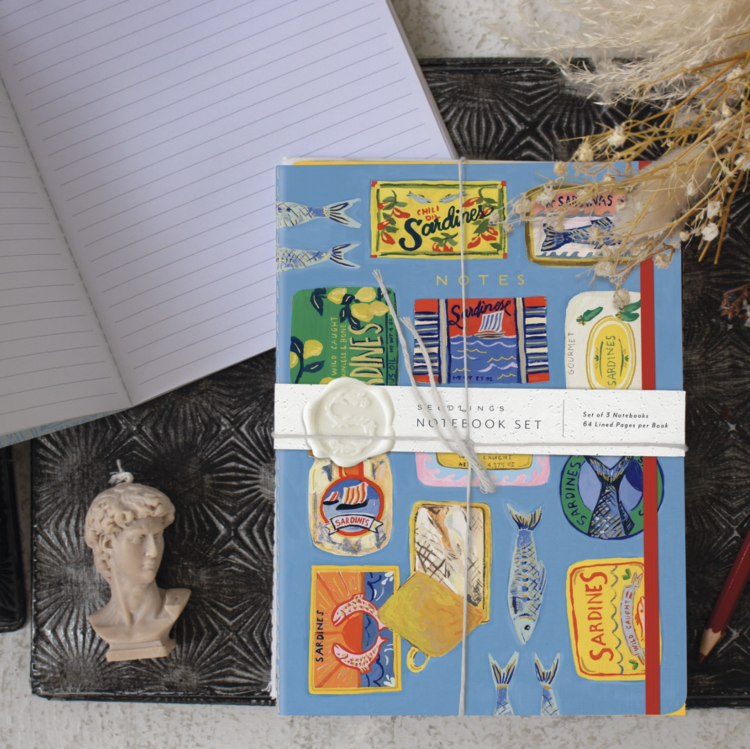 Seedlings Blue Sardine Tins Sewn Trio Notebook Set