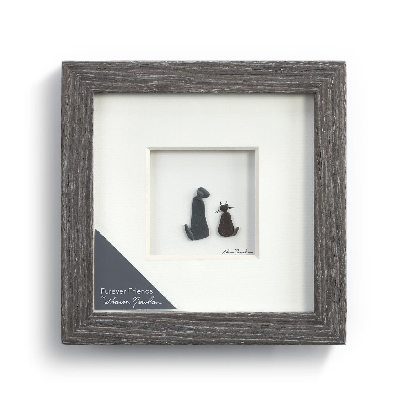 Sharon Nowlan Furever Friends Pebble Art  (new grey frame) cat and dog